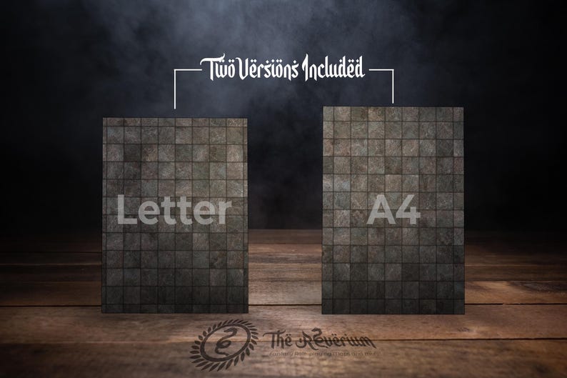 May include: Image features two rectangular panels with a stone tile design, labeled "Letter" and "A4". The text "Two Versions Included" is above the panels. The background is dark with a smoky effect, and the panels rest on a wooden surface.