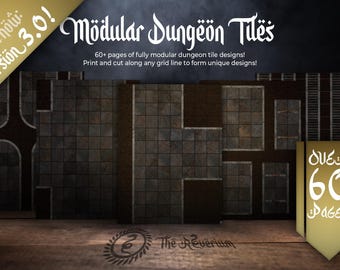 Modular Dungeon Tiles + more: 60+ Pack, print-at-home PDFs, 1" grid, realistic, A4 + letter, D&D, Pathfinder, role-playing, TTRPG.