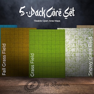 May include: A 5-Pack Core Set of tileable open area maps. The set includes maps labeled Ocean, Fall Grass Field, Grass Field, Snowy Grass Field, and Desert. Each map has a grid pattern.