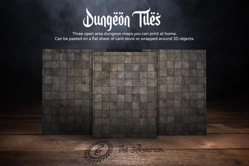 May include: Three open area dungeon maps, titled "Dungeon Tiles", are displayed. The maps are designed to be printed at home and can be pasted on card stock or wrapped around 3D objects. The maps have a stone tile design. The background is dark with a wooden surface.