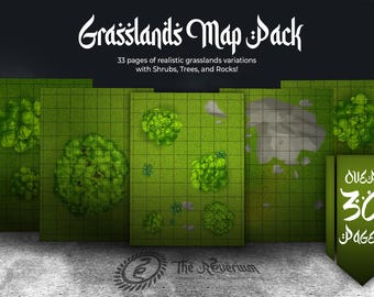 Tileable Grasslands Map Pack with shrubs, trees, and rocks: 30+ pages, print-at-home PDFs, D&D, Pathfinder, 1" Grid, Letter.