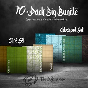May include: A 10-Pack Big Bundle of open area maps, including Core Set and Advanced Set. The image displays various map designs such as Ocean, Fall Grass Field, Grass Field, Snowy Grass, Desert, Flooded Grass Field, Scorched Mountain, and Cavern Floor.