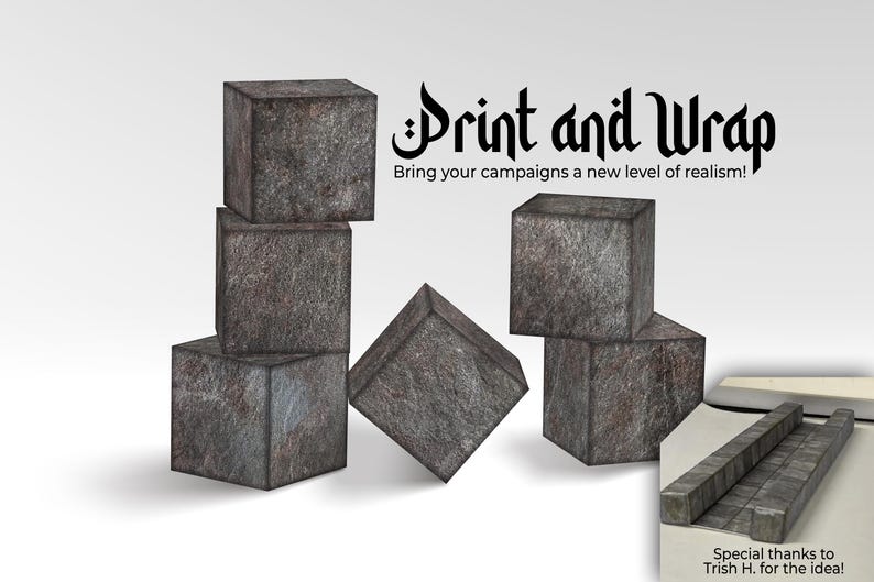 May include: Image features several gray, textured cubes arranged in a stack and scattered around. The text "Print and Wrap" is displayed in a stylized font, with the tagline "Bring your campaigns a new level of realism!"