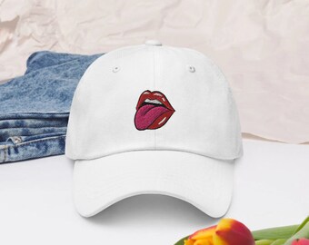 Tongue out Embroidery Cap / Rolling Stones inspired Dad hat / Red lips Cap unisex