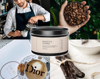 Tin Candles, Barista Charm Candle 8 oz, Fresh Coffee Coconut Soy Wax, Vanilla Coffee Scented Tin Candle, Espresso candles