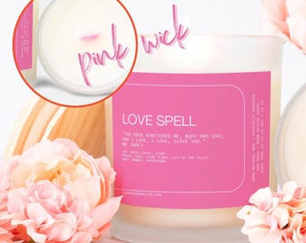 Love Spell Candle Frosted (Pink Wick) 11oz, Be Mine Valentine Day romantic gift, Mr Darcy candle, Barbie candle, pink core candles, mr spell