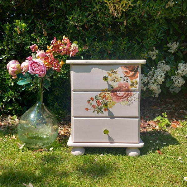 Soft pink floral bedside table, pretty bedside chest of drawers