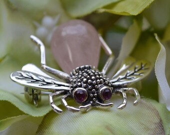 Broche Ancienne Insecte En Argent Sterling Et Quartz – Style Vintage – Pierre œil-de-tigre Doré