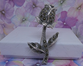 Silver TULIP flower  BROOCH pin * marcasite * flower/floral brooch * jewellery gift for her/flower/garden lover