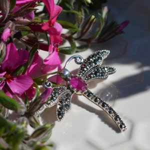 Puede incluir: Un colgante de libélula de plata con una piedra preciosa rosa en el centro. La libélula está hecha de marcasita y tiene un diseño detallado. El colgante está rodeado de flores rosas.