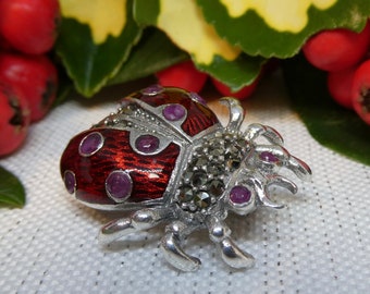 Ladybird ladybug BROOCH pin * Silver * marcasite * red enamel * ruby * jewellery gift  * bug brooch pin * nature/garden/ladybird/bug