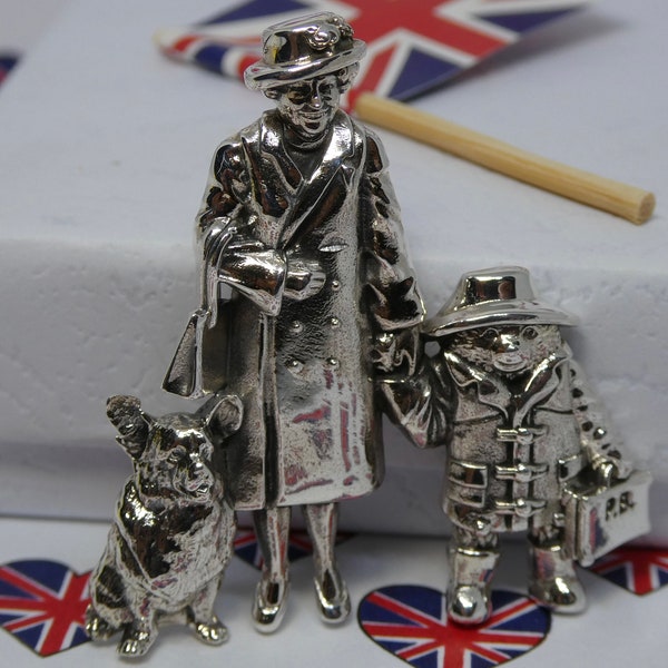 Paddington Bear brooch/pin Queen Elizabeth II Corgi  *Silver* jewellery gift keepsake  Queen Elizabeth II Paddington Bear Mum/Nan/her gift