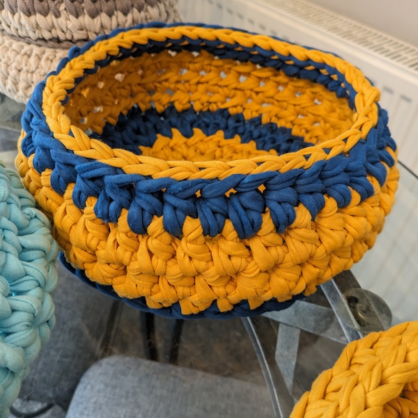 Handmade crocheted storage baskets - made from cotton recycled T shirt material - various colours and sizes - great for cosmetics/toiletries