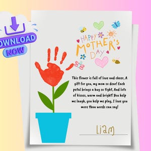 Muttertag Handabdruck Handwerk für Kinder Geschenk für Mama Blumen Gedicht Printable Instant Download