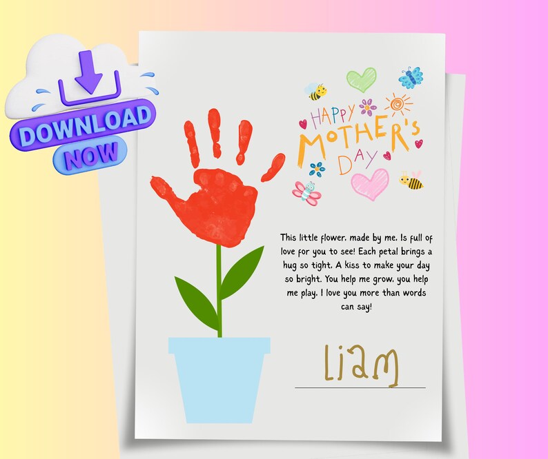 Mothers Day Handprint Craft for Kids Gift for Mom Flower Poem Printable ...
