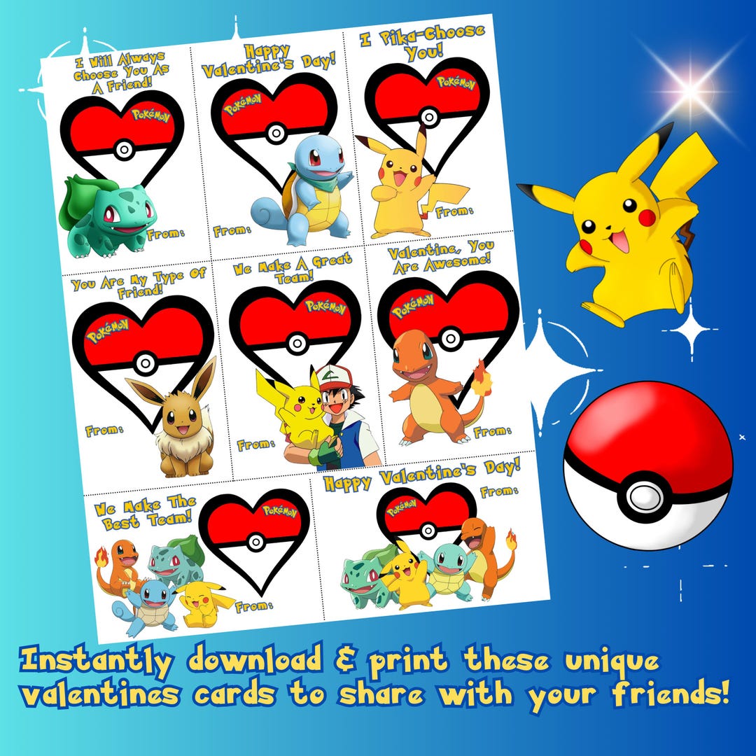 Pokemon Valentine's Day Cards for Kids, Printable PDF (digital Download ...