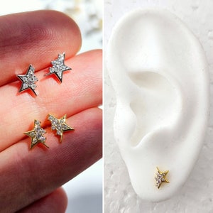 Half Star Earrings, Sterling Silver CZ Stud Earrings, Small Cubic Zirconia Earrings, Dainty Celestial Studs, Gold Sparkly Starburst Earrings