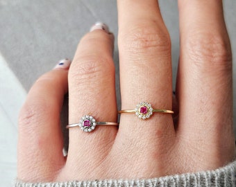 Crystal Flower Ring, 100% Real Silver Ring, Vintage Style Ring, Dainty Floral Ring, Gold Vermeil Ring, Sparkly Pink CZ Ring, Gift For Her