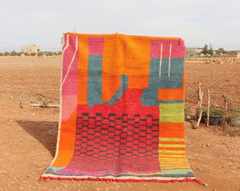 Handmade Boujad Wool Rug: Abstract Multicolored Moroccan Carpet
