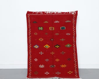 Handwoven Red Moroccan Rug: Berber Wool Carpet, 3.4x5ft