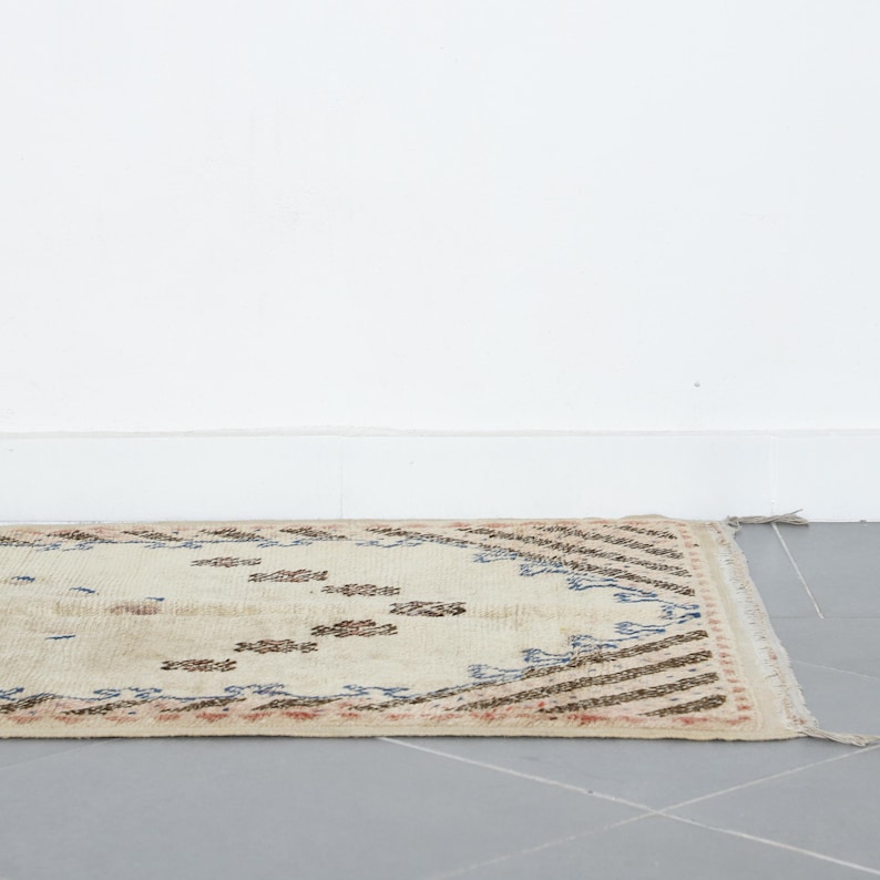 a beige rug with a patterned design, placed on a gray floor against a white wall.