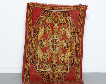 Vintage Moroccan Rug Handmade Wool Carpet 4×3 ft Red Oriental Boho Decor