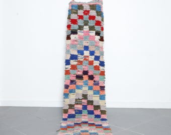 Handgewebter marokkanischer Teppichläufer: Bunt Berber Schachbrett Muster (25 x 60 cm)