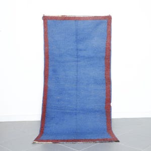 Moroccan Blue Wool Rug – Handmade 7.4x3.4ft Berber Carpet – Minimalist Wool Area Rug for Boho Interior – Beni Ourain Style Runner