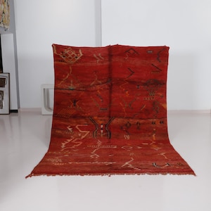Vintage Moroccan Rug 10x7 ft – Handmade Red Wool Berber Carpet – Tribal Area Rug with Abstract Symbols
