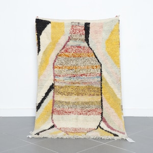 Colorful Abstract Moroccan Rug 3.3x8.5 ft - Handcrafted Wool Rug with Vase Motif – Unique Berber Carpet – Hallway or Wall Accent