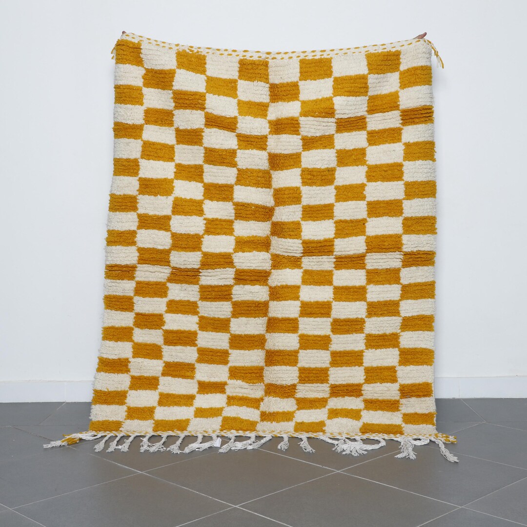 Handmade Yellow Checkered Moroccan Wool Rug 6x5 Ft – Berber Carpet Boho ...
