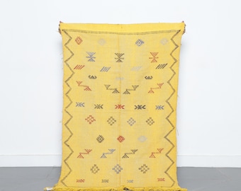 Yellow Moroccan Sabra Cactus Silk Rug: Handwoven Berber Kilim Runner