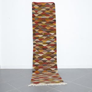 May include: A long, narrow rug with a geometric pattern of colorful triangles and diamonds. The rug is made of woven fabric and has a fringe on the ends.