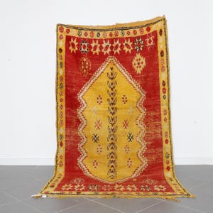 Vintage Moroccan Rug 9x5 ft – Handwoven Red and Yellow Wool Carpet with Tribal Symbols, Handmade Berber Carpet | Tribal Bohemian Area Rug
