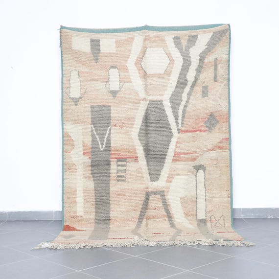 手織りウールラグ 8.3x5.4フィート：ニュートラルな幾何学模様の