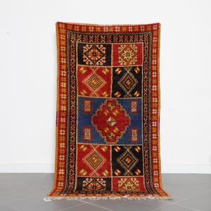 Colorful Vintage Moroccan Rug 6.5x3.4 ft – Tribal Geometric Wool Carpet, Handmade Berber Carpet | Tribal Bohemian Area Rug