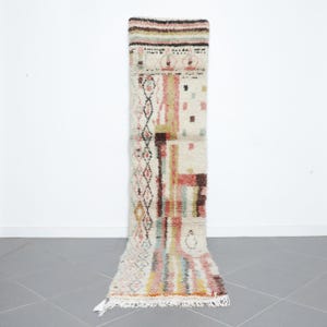 Moroccan boujaad Runner Rug, Handmade Wool Berber Hallway Carpet, Colorful Boho Tribal Rug, 10.9x2.3ft,  Rug for living room.