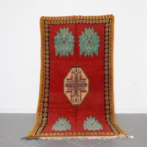 Vintage Moroccan Wool Rug 9x5 ft – Handwoven Red Tribal Carpet, Handmade Berber Carpet | Tribal Bohemian Area Rug