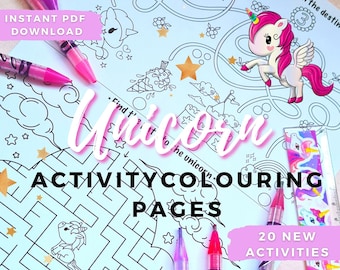 May include: A set of 20 printable unicorn activity coloring pages. The pages feature a variety of activities, including mazes, connect the dots, and coloring pages. The pages are perfect for kids who love unicorns.