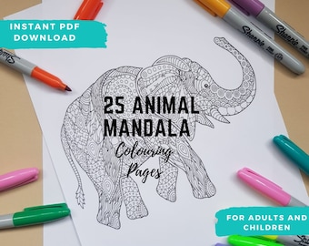 Páginas de libros para colorear / Páginas para colorear Mandala de animales / 25 diseños diferentes / DESCARGA INSTANTÁNEA impresión desde casa