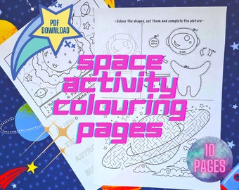 May include: A set of 10 printable space-themed coloring pages for kids. The pages feature a variety of space-related images, including planets, stars, rockets, and astronauts. The pages are black and white and ready to be colored in.