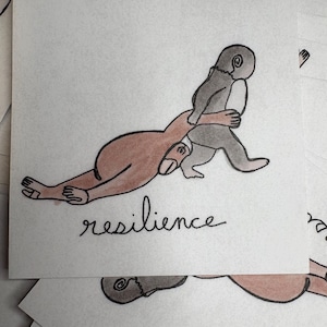 May include: A watercolor illustration on a white background depicts two figures, one brown and one gray, in a supportive embrace. The word "resilience" is written in cursive below the figures. The image is repeated on multiple cards.