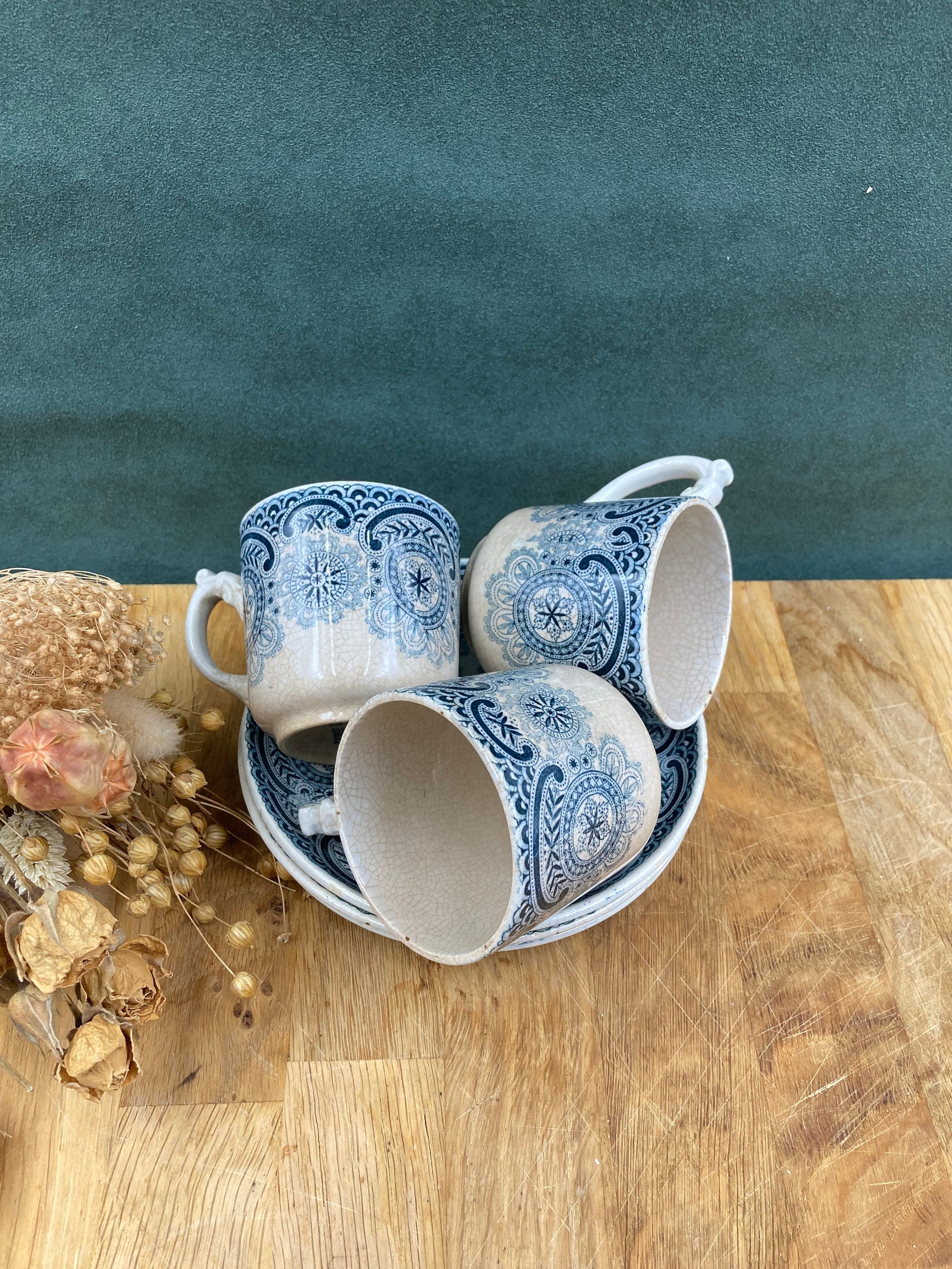 Rare Xixe Siècle /Century Cups/Tasses Hb & Cie Choisy-Le-Roi Vert et Blanc White & Green