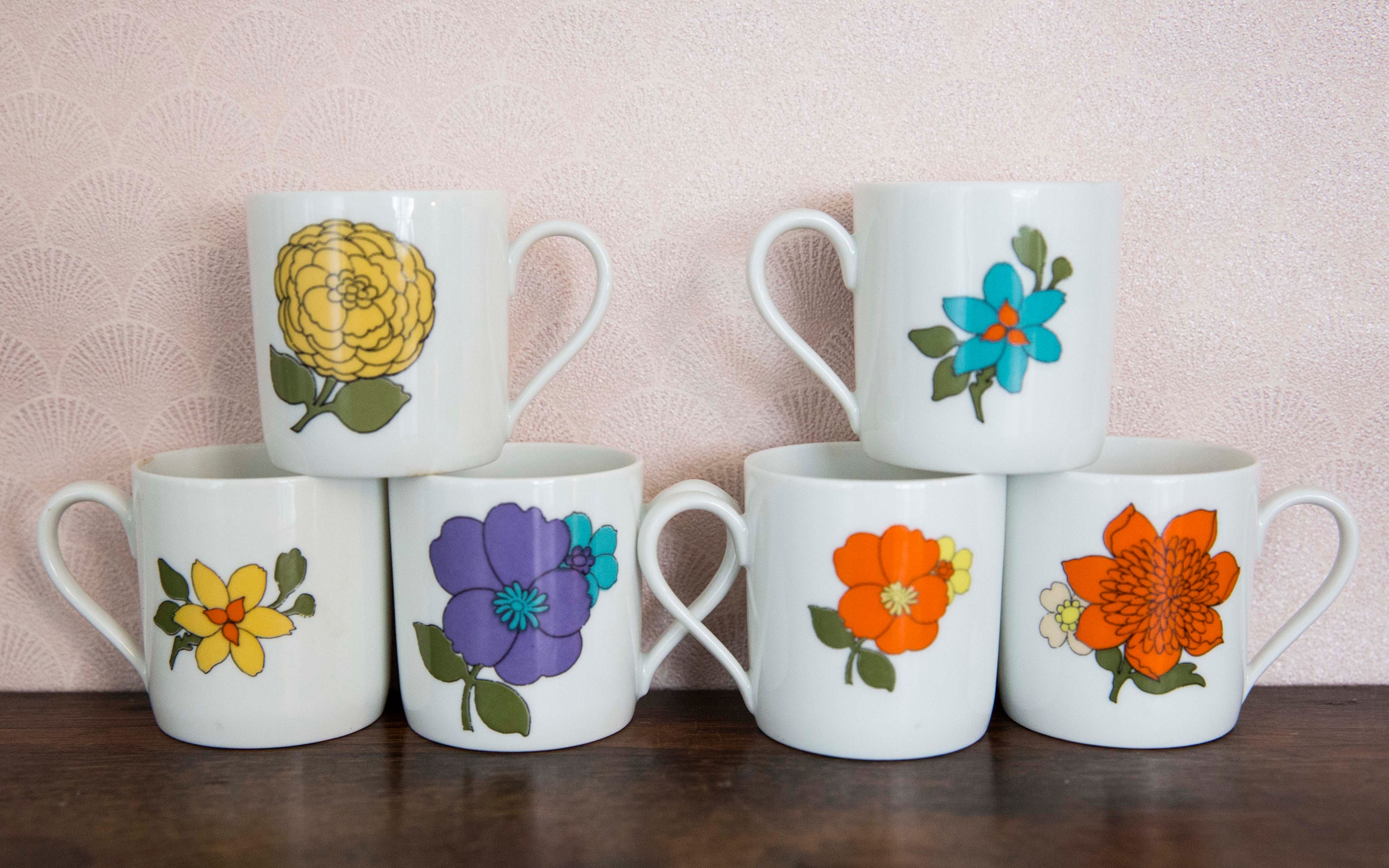 1970S Set Of 6 Porcelain Floral Coffee Cups Lorenz Hutschenreuther/Set de Petites Tasses à Café Fleu