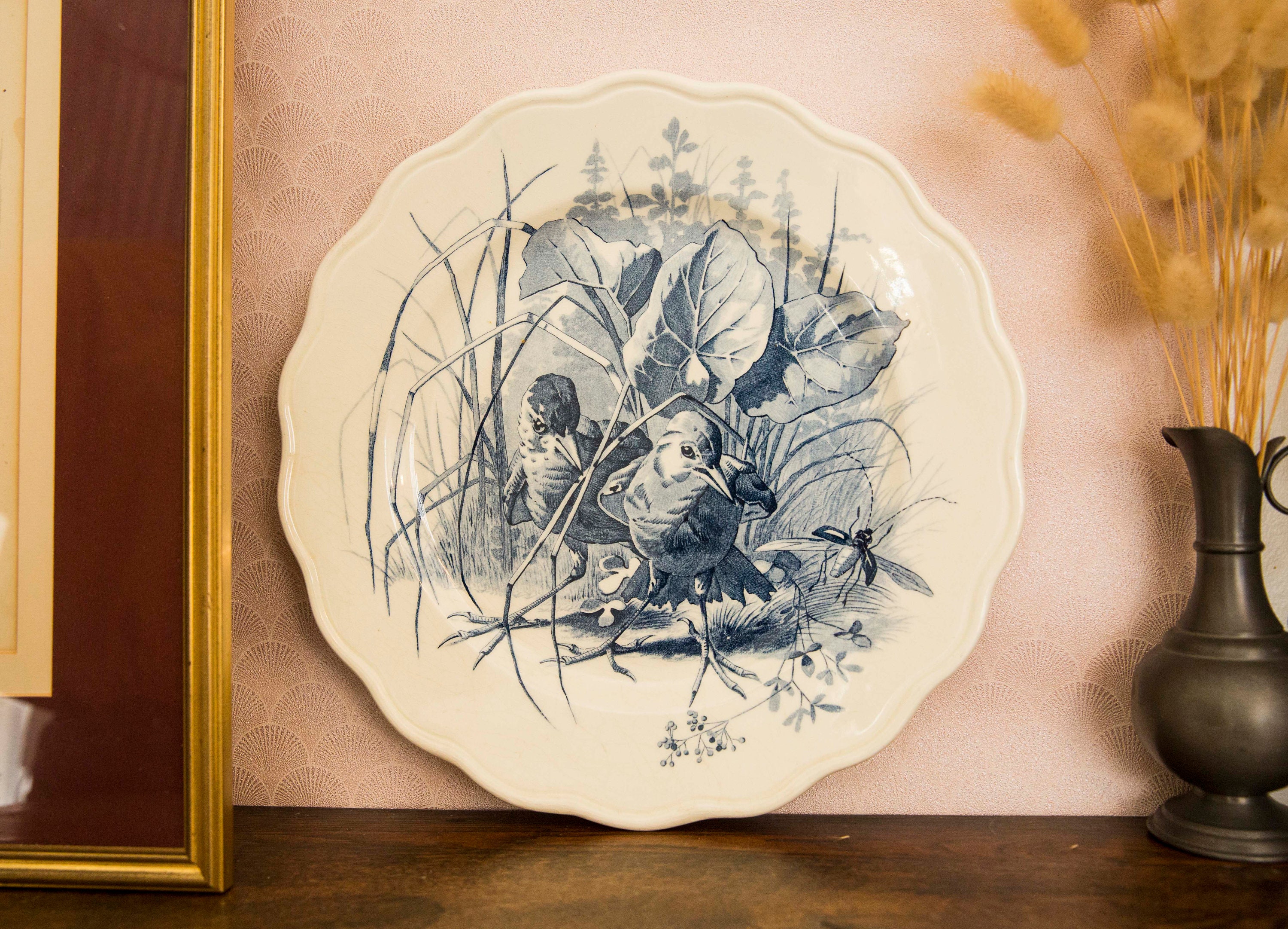 1880's Rare Clairefontaine China Transferware Plate Terre de Fer Spring Collection/ Assiette Faïence