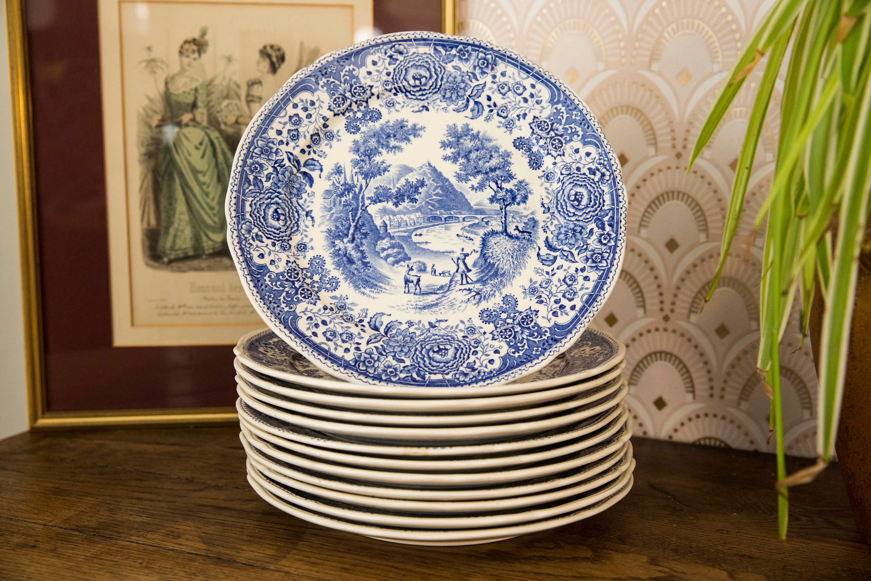 1960's Vintage China Transferware Plate Villeroy & Boch Burgenland Blue/Assiettes Plates Villeroy et