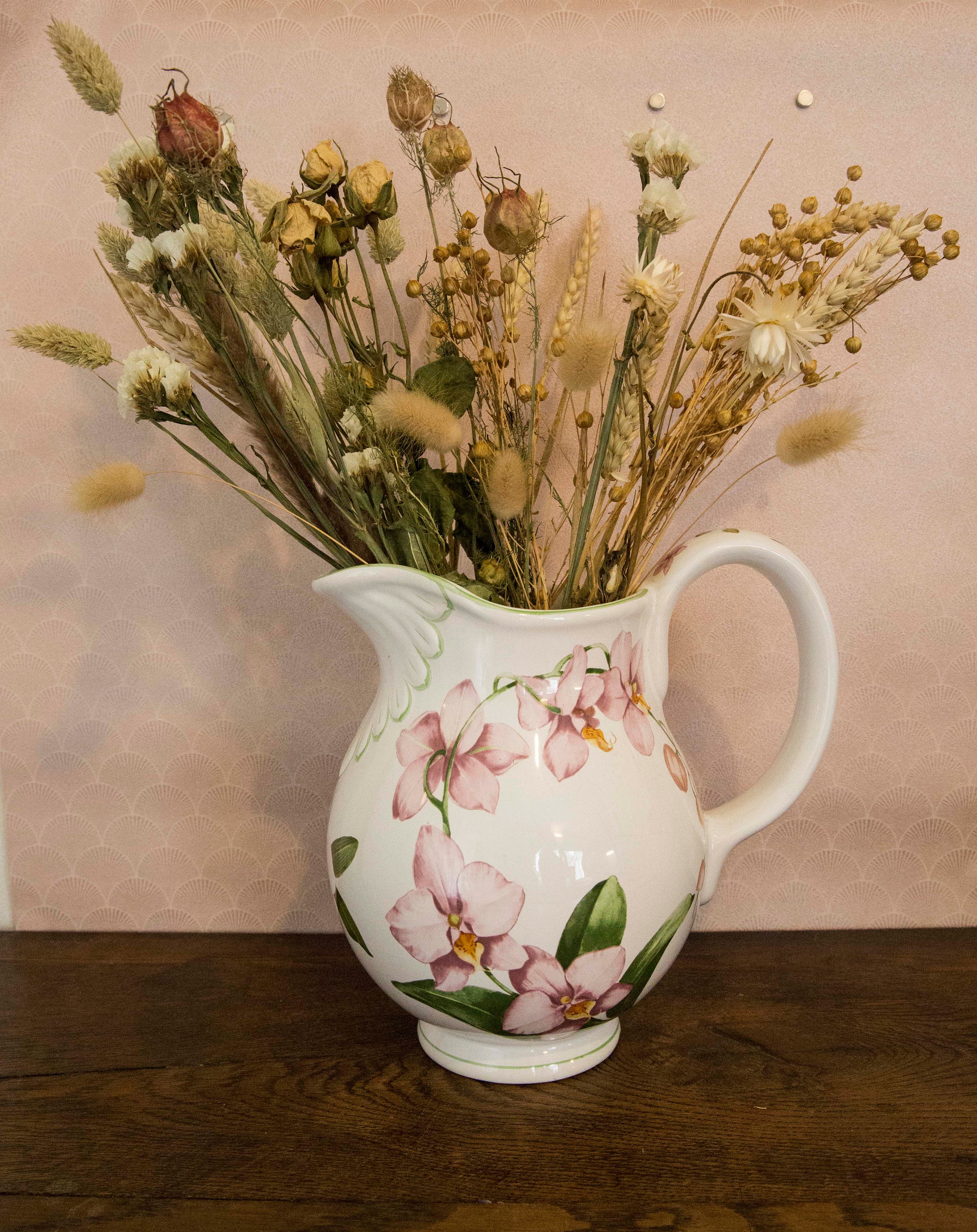 Vintage Large Porcelain Porta Orchids Pattern Pitcher - Flower Jug/ Grand Vase Porta Orchidée- Piche