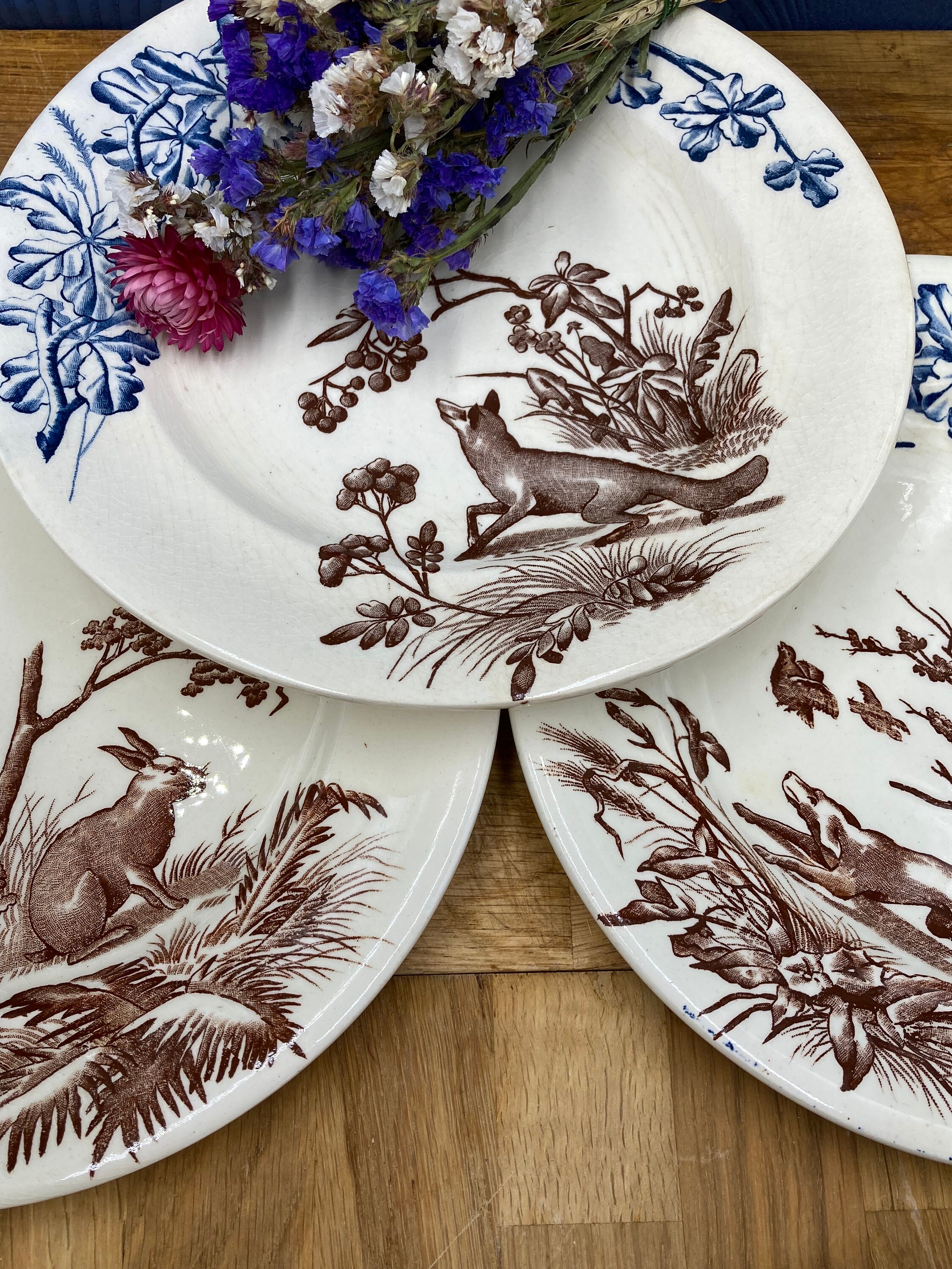 1880's Rare Clairefontaine China Transferware Plate Terre de Fer Chasse Collection/ Assiette Faïence