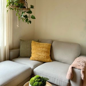 May include: A light gray sectional sofa with a yellow throw pillow and a green plant in a white pot on a wooden tray. The sofa is in a living room with a hanging plant in the background.