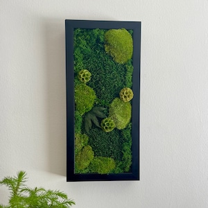 Moss Wall Art | Preserved Moss Art Framed | Moss Wall Decor | Green Moss Yellow Preserved Flowers and Black Frame